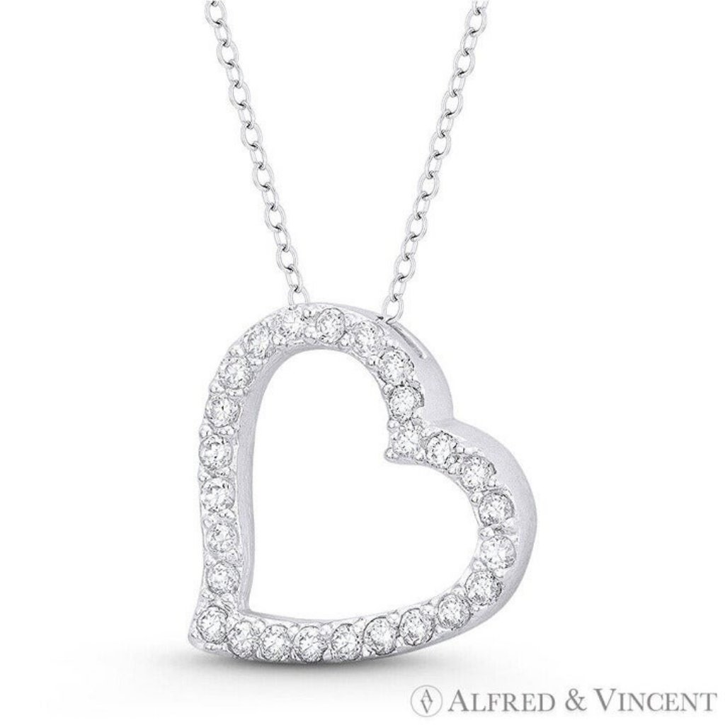 Sideways-Heart Charm Cz Crystal Pave Sliding Pendant In 925 Sterling Silver 48$